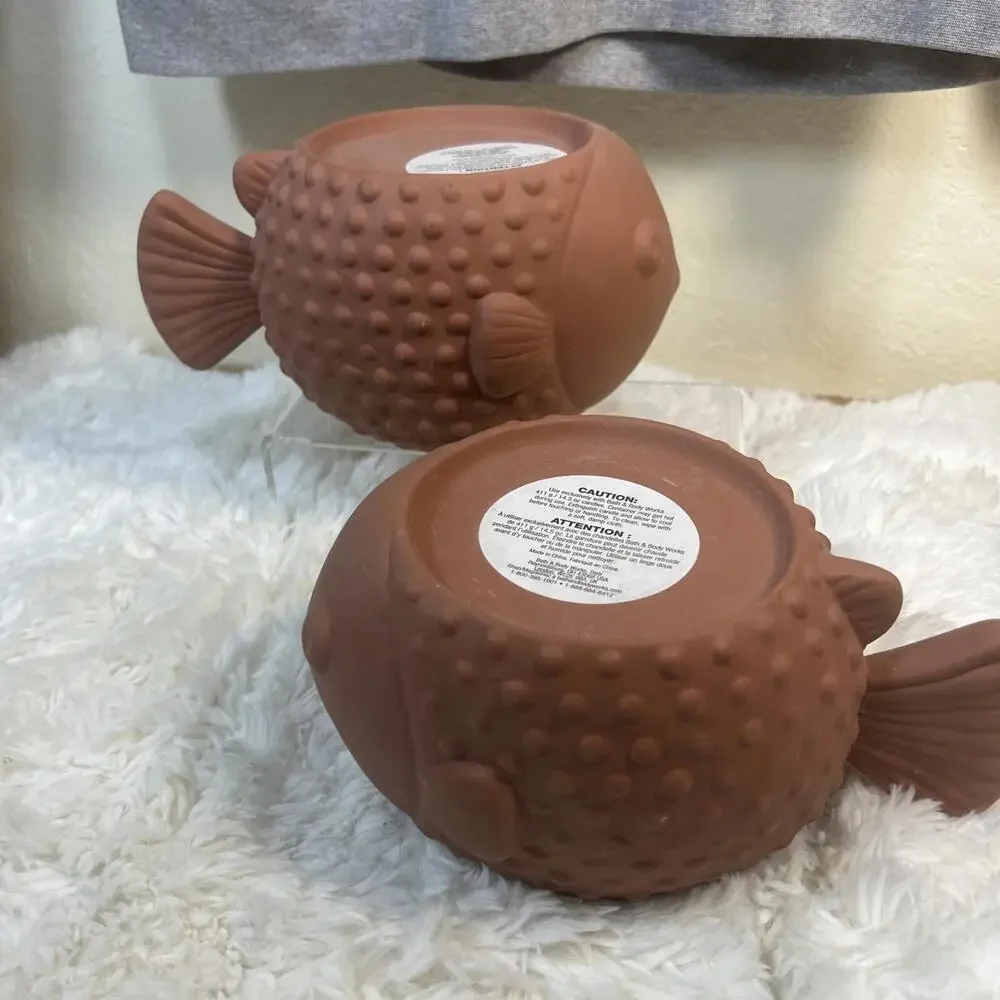 Bath & Body Works Terra Cotta PUFFER FISH 3-Wick Holders (2)